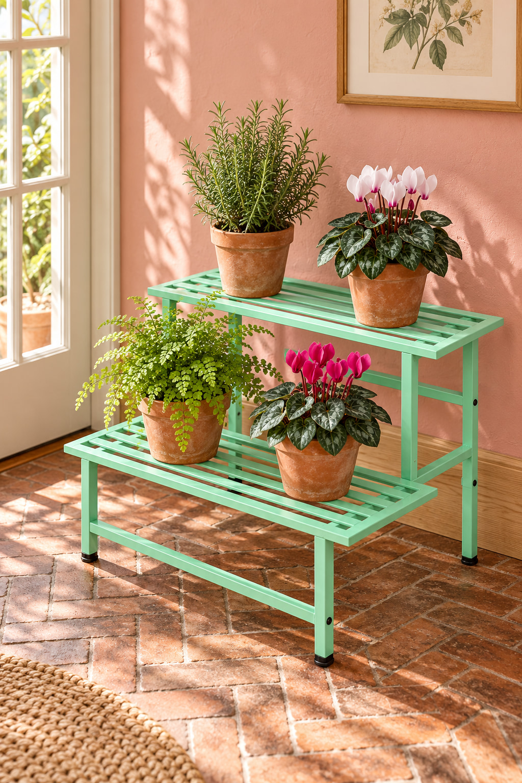 Illustrated pink breakfast-room corner with a mint-green two-step metal plant stand holding rosemary, fern and cyclamen in terracotta pots.