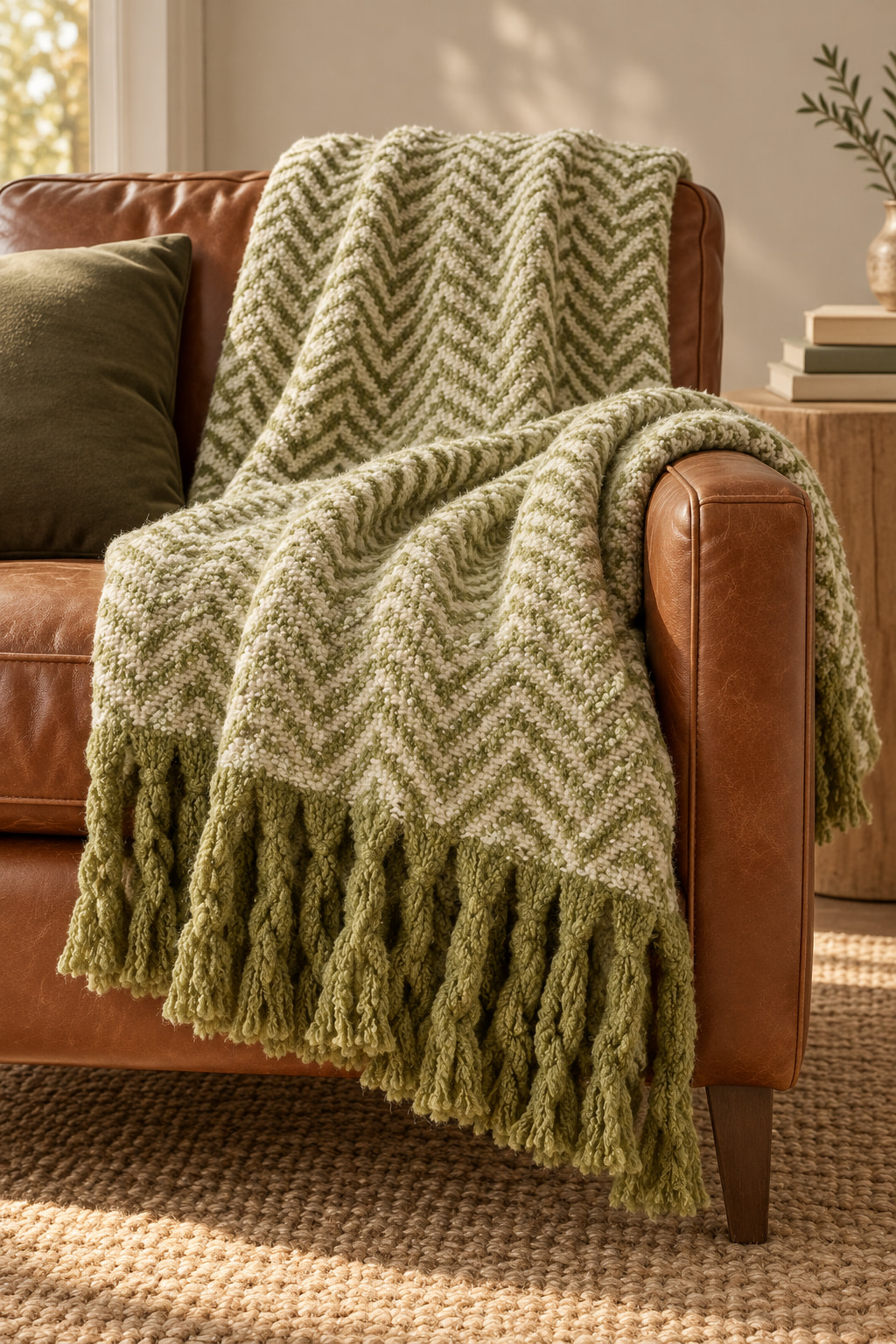 Olive and cream herringbone throw with green fringe draped over a tan leather armchair.