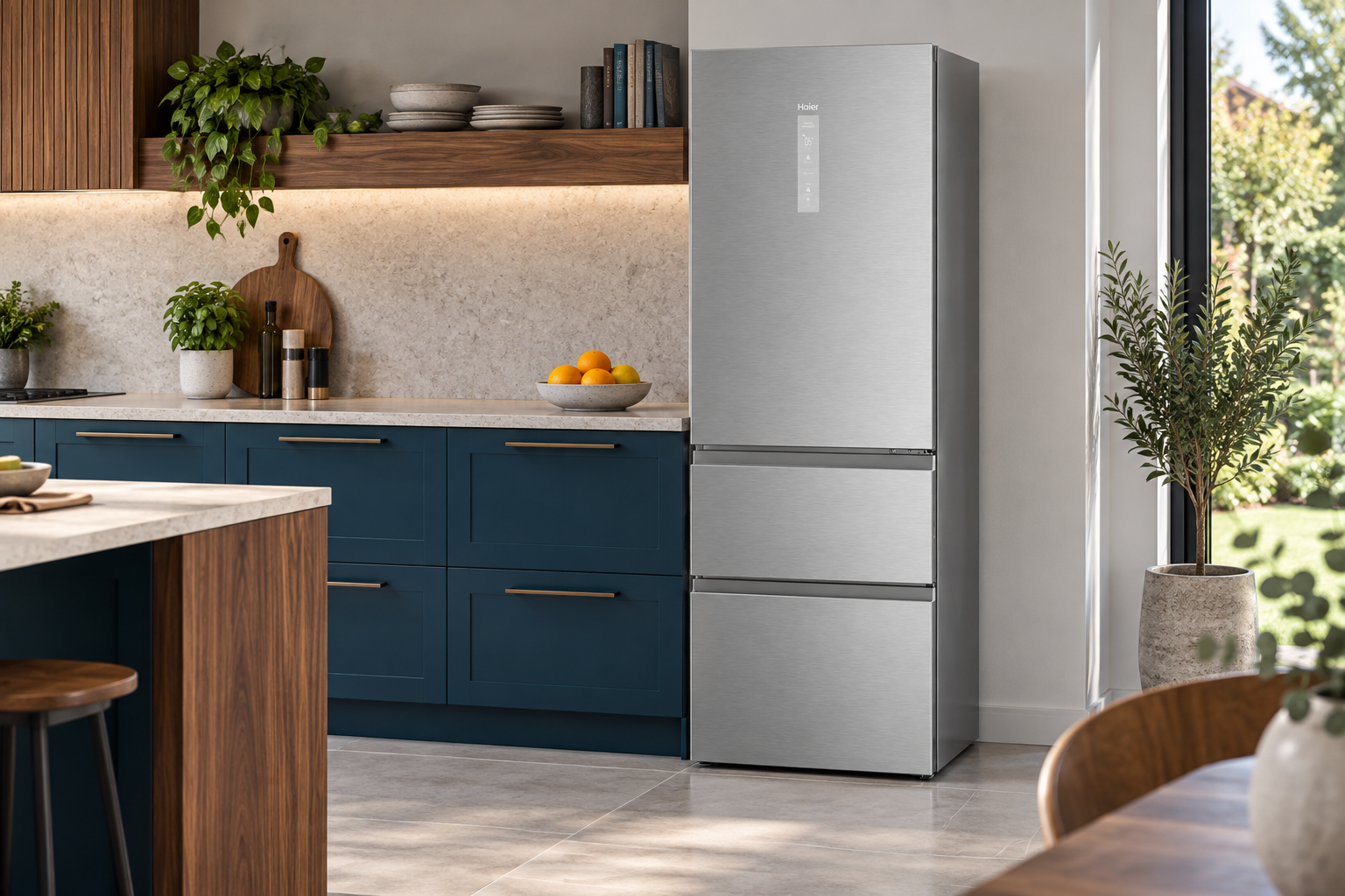 Room Study styling image of the Haier HTW5618ENMG Silver 360L Fridge Freezer in a naturally lit home interior; other furnishings and accessories shown for styling.