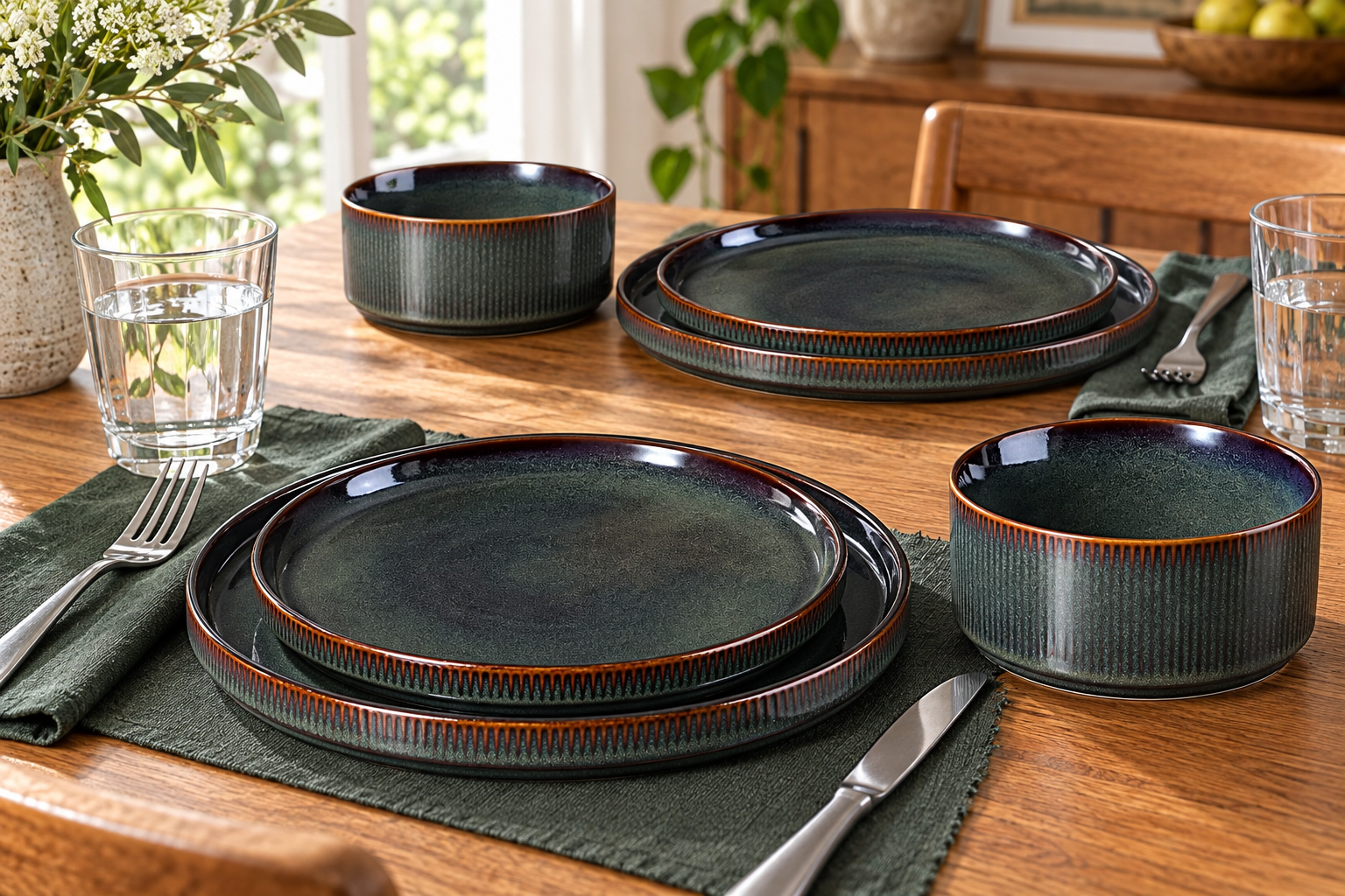 Room Study styling image of the HaWare Blackish Green 18-Piece Stoneware Dinner Set in a naturally lit home interior; other furnishings and accessories shown for styling.
