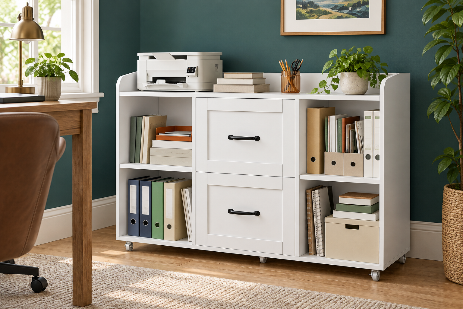 Room Study styling image of the HOCSOK White Filing Cabinet with Power Outlets in a naturally lit home interior; other furnishings and accessories shown for styling.