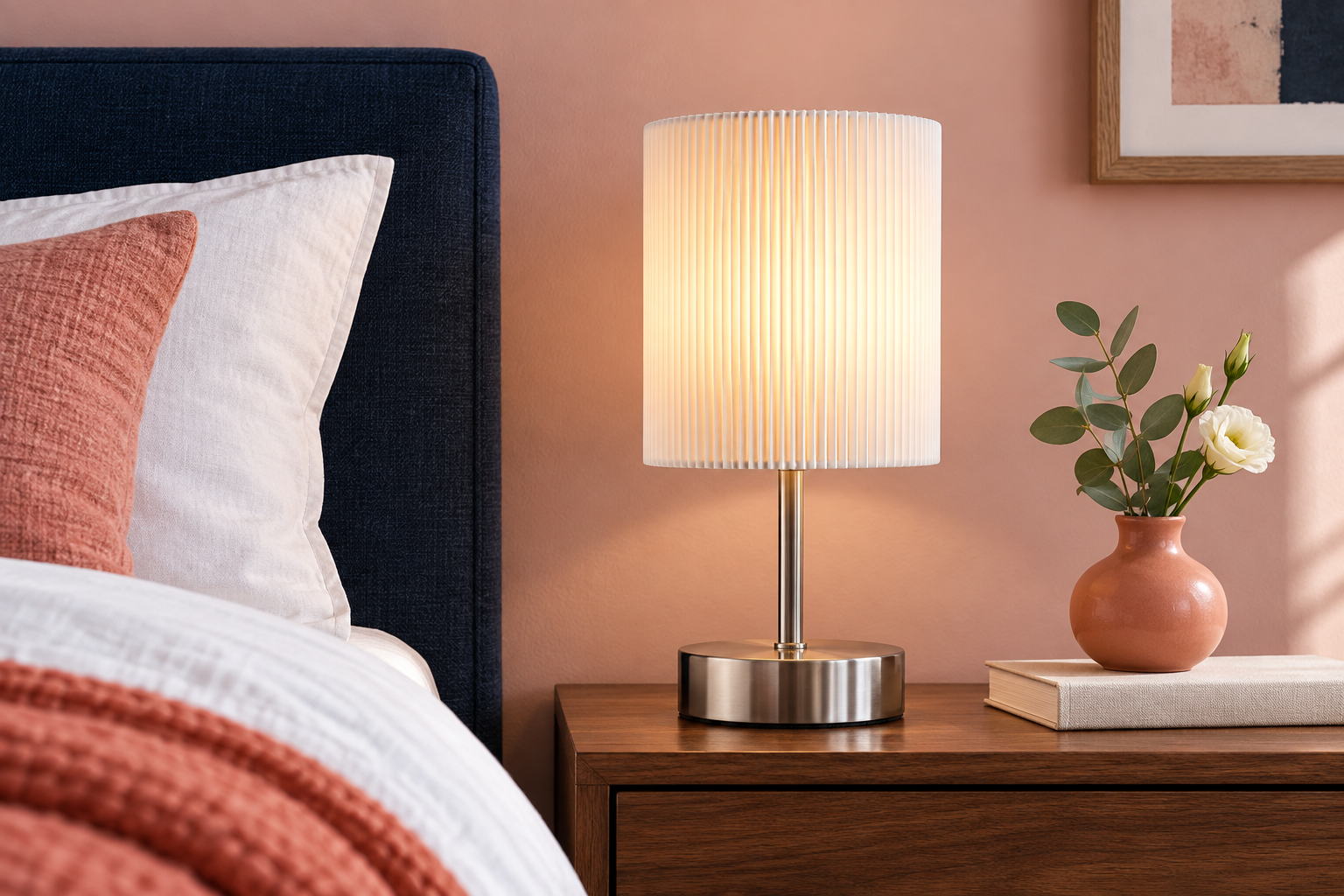 Room Study styling image of the HSLighting Pleated-Shade Touch Lamp, Silver in a naturally lit home interior; other furnishings and accessories shown for styling.