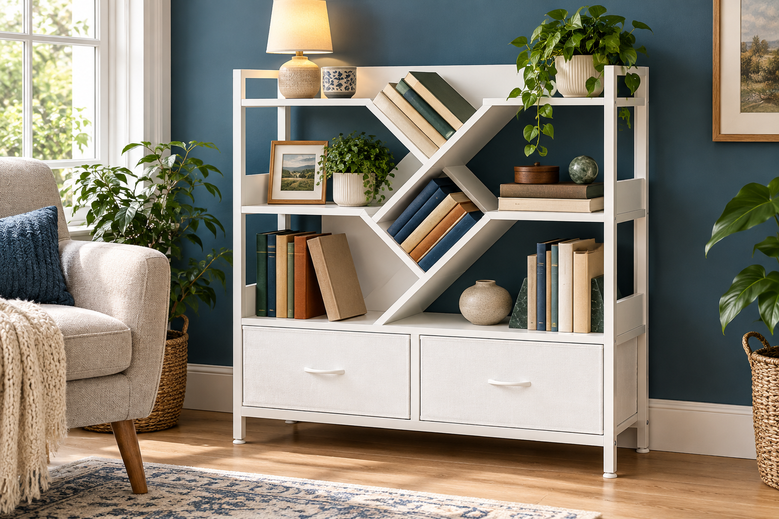 Room Study styling image of the IRONCK White Tree Bookshelf with Two Fabric Drawers in a naturally lit home interior; other furnishings and accessories shown for styling.
