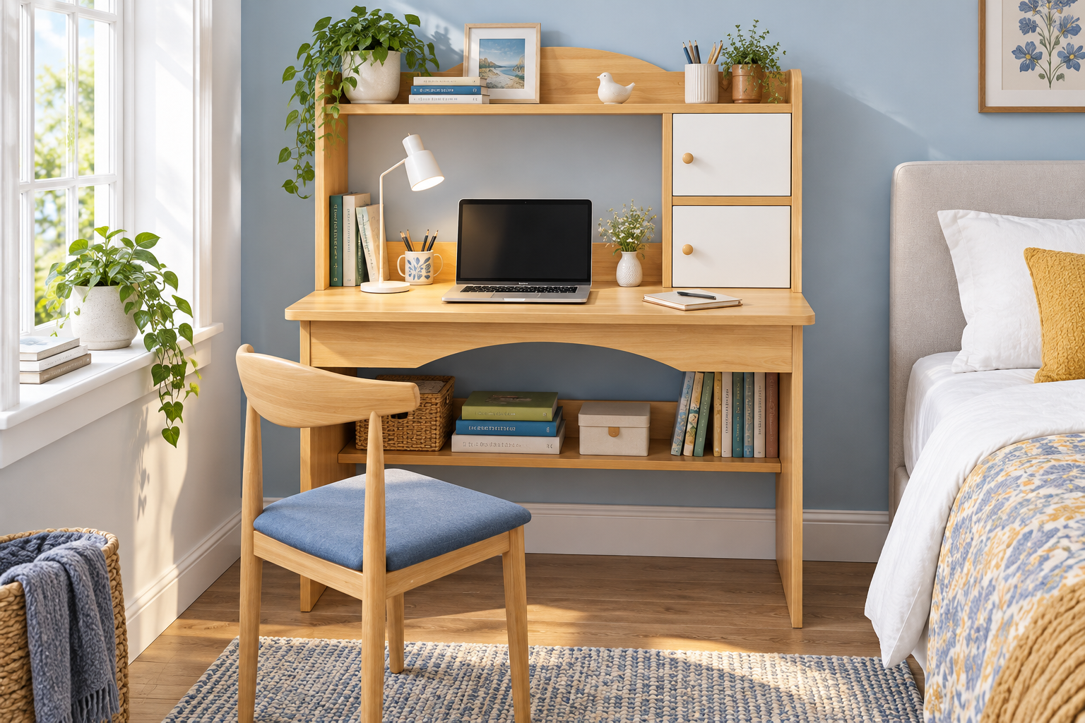 Room Study styling image of the LevalCraft Compact Desk with Storage Hutch, Wood/White Style 1 in a bright home workspace; chair and accessories shown for styling.