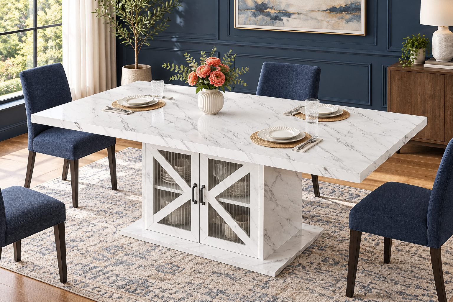 Room Study styling image of the LVB White Faux-Marble 160cm Dining Table with Storage in a naturally lit home interior; other furnishings and accessories shown for styling.