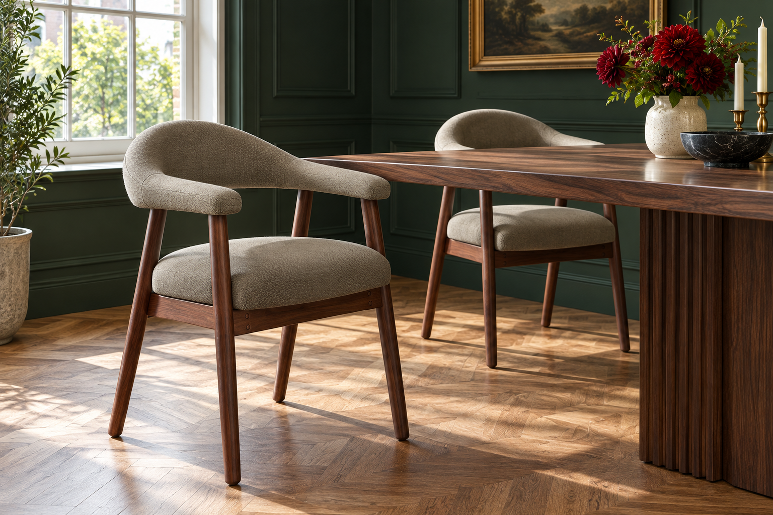 Room Study styling image of the MALOL Camel Fabric and Wood Dining Chairs, Set of 6 in a naturally lit home interior; other furnishings and accessories shown for styling.