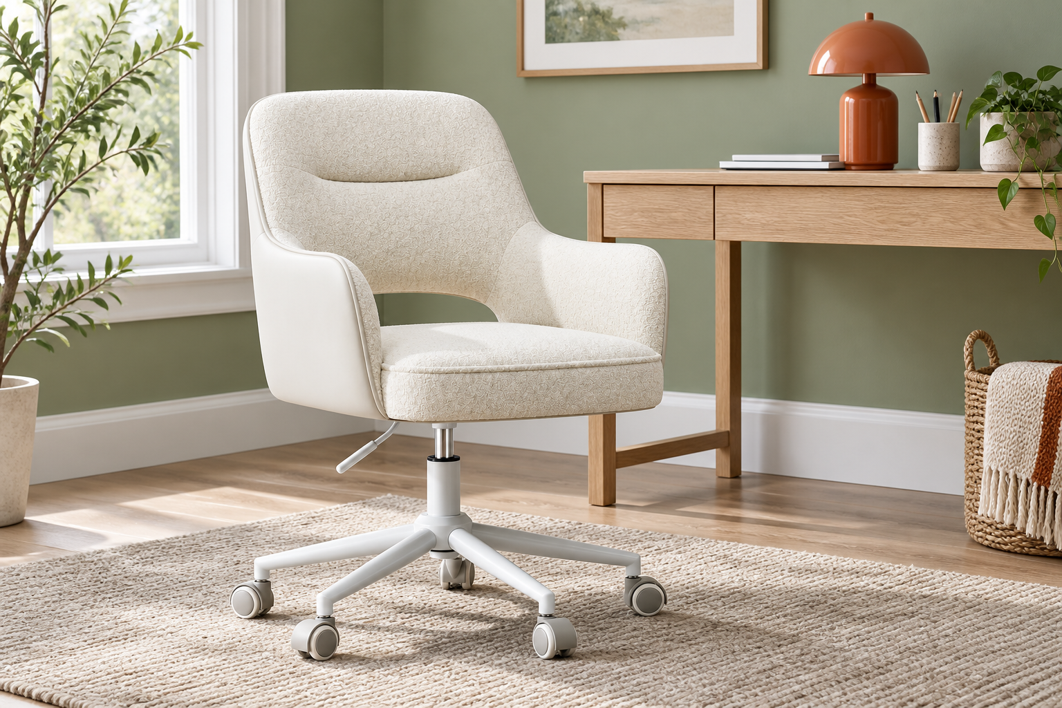 Room Study styling image of the MALOL Fabric Swivel Office Chair, White in a bright home workspace; other furnishings and accessories shown for styling.