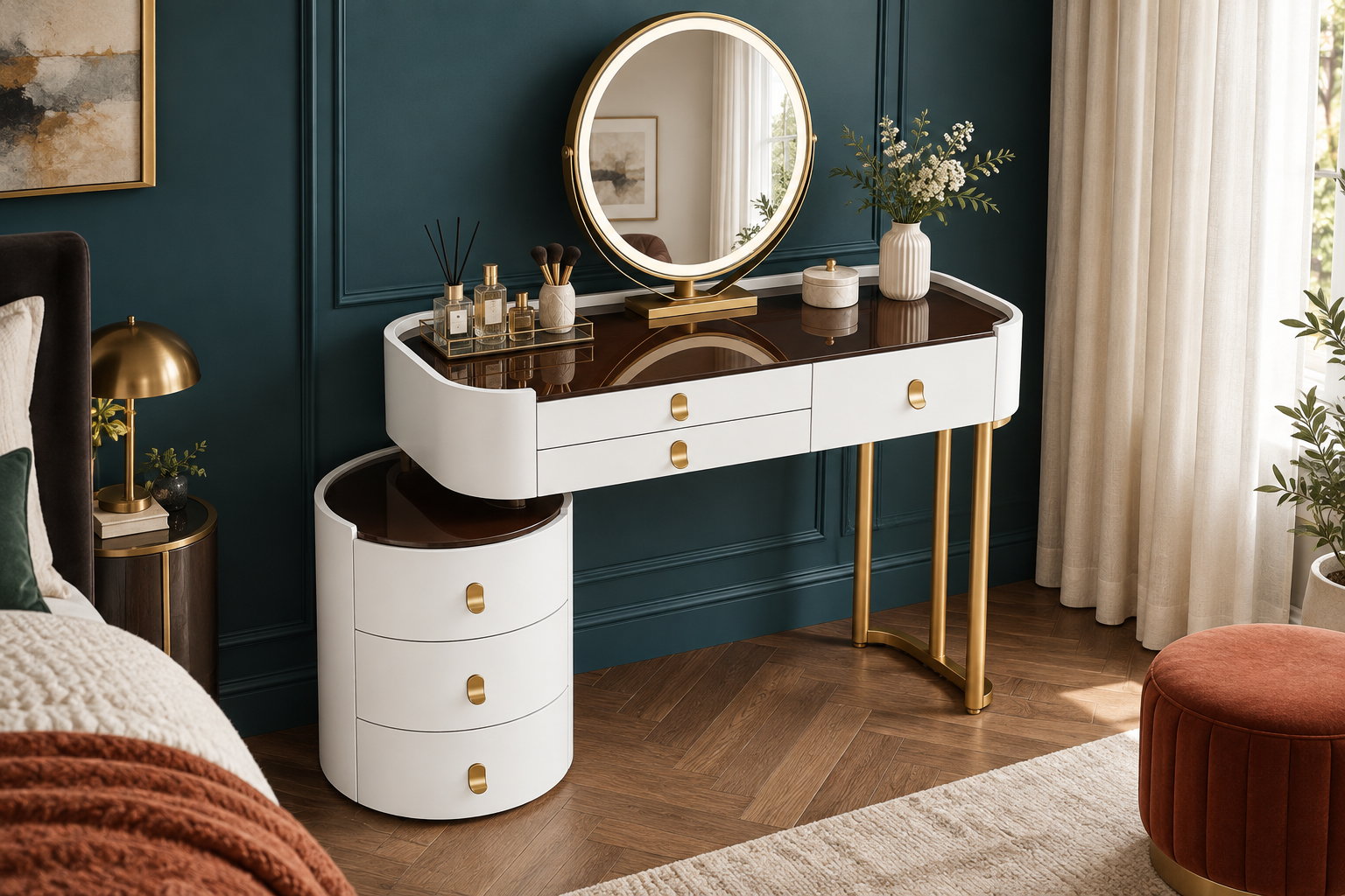 Room Study styling image of the MJKCBD Six-Drawer Dressing Table Set, White and Gold in a naturally lit home interior; other furnishings and accessories shown for styling.
