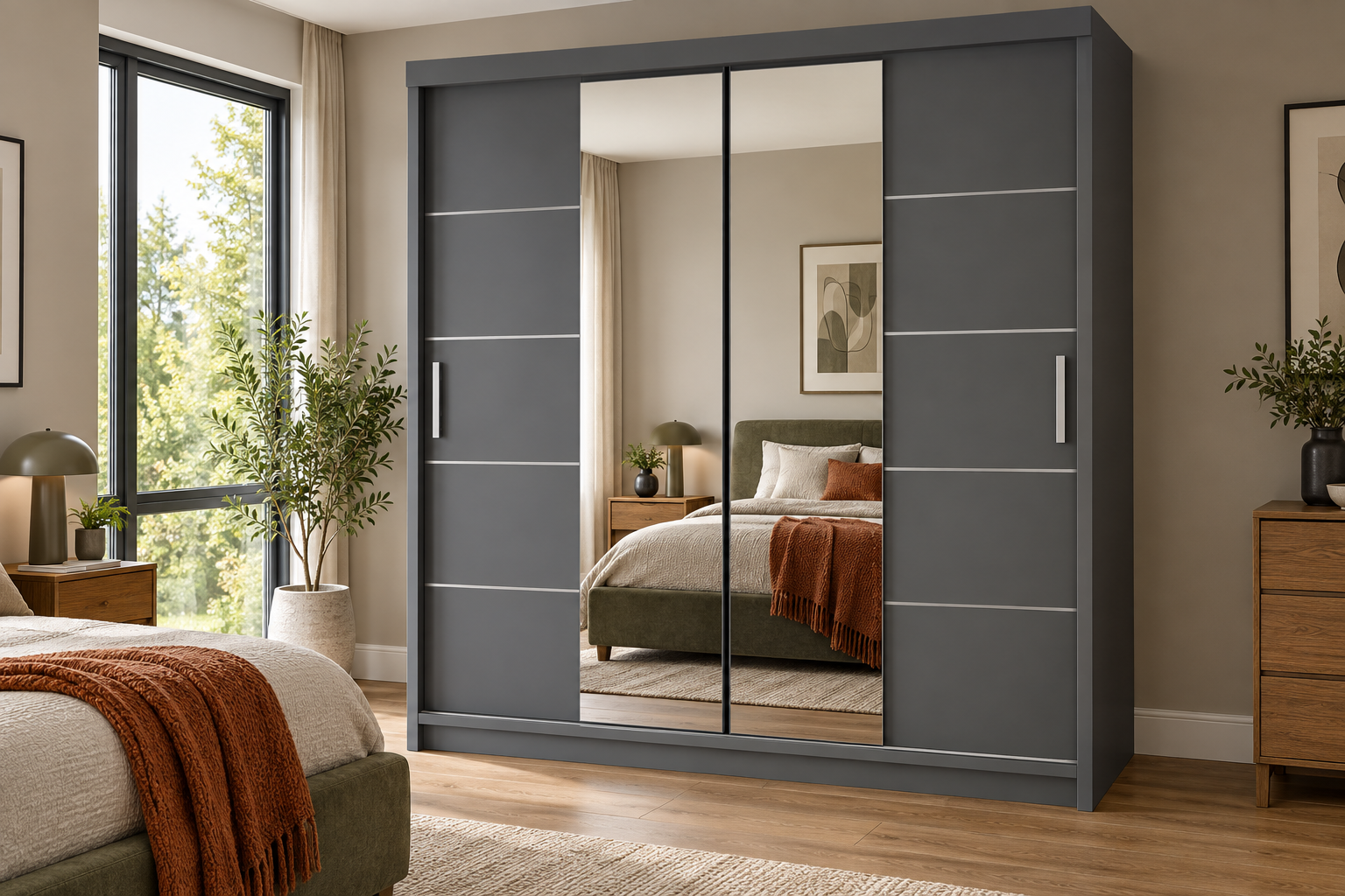 Room Study styling image of the MN Furniture Mirrored Sliding Wardrobe, Grey, 180cm in a naturally lit home interior; other furnishings and accessories shown for styling.