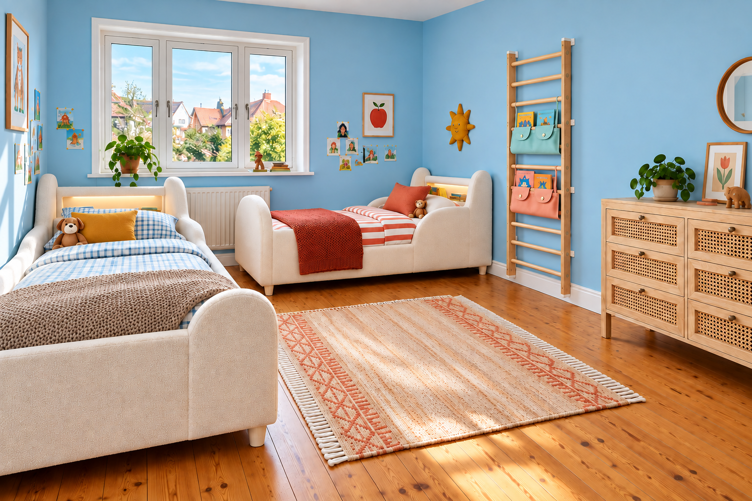 Room Study styling: two beige upholstered single beds in a blue shared bedroom with warm timber storage.