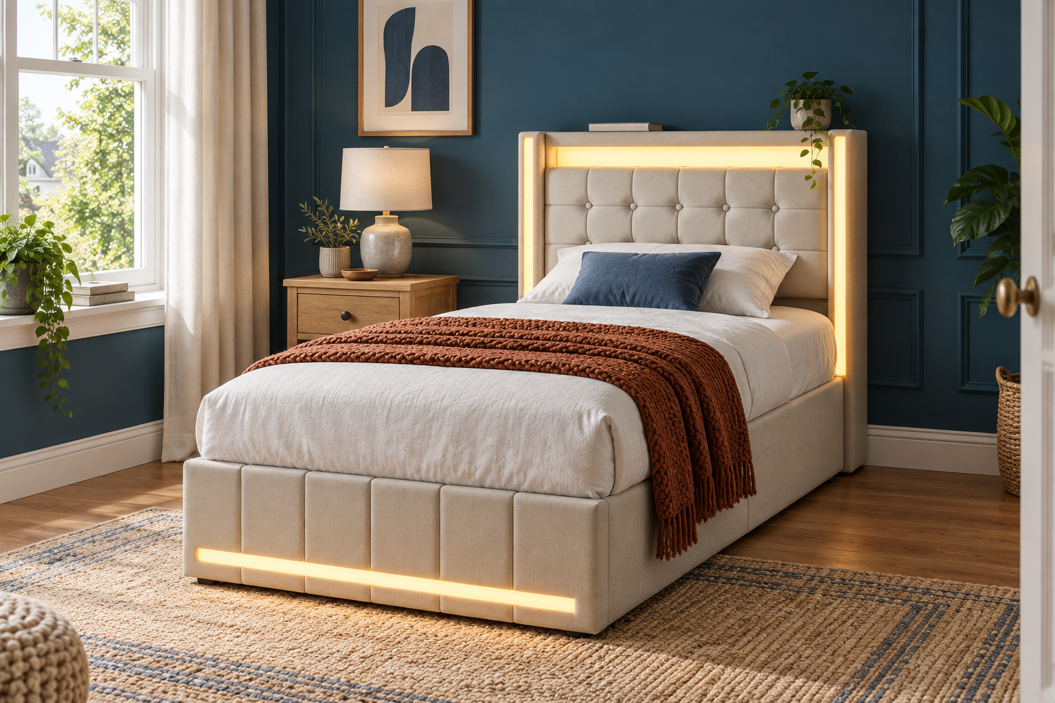 Room Study styling image of the OLIVIBED Upholstered Storage Bed Frame, Beige, Single in a naturally lit home interior; other furnishings and accessories shown for styling.
