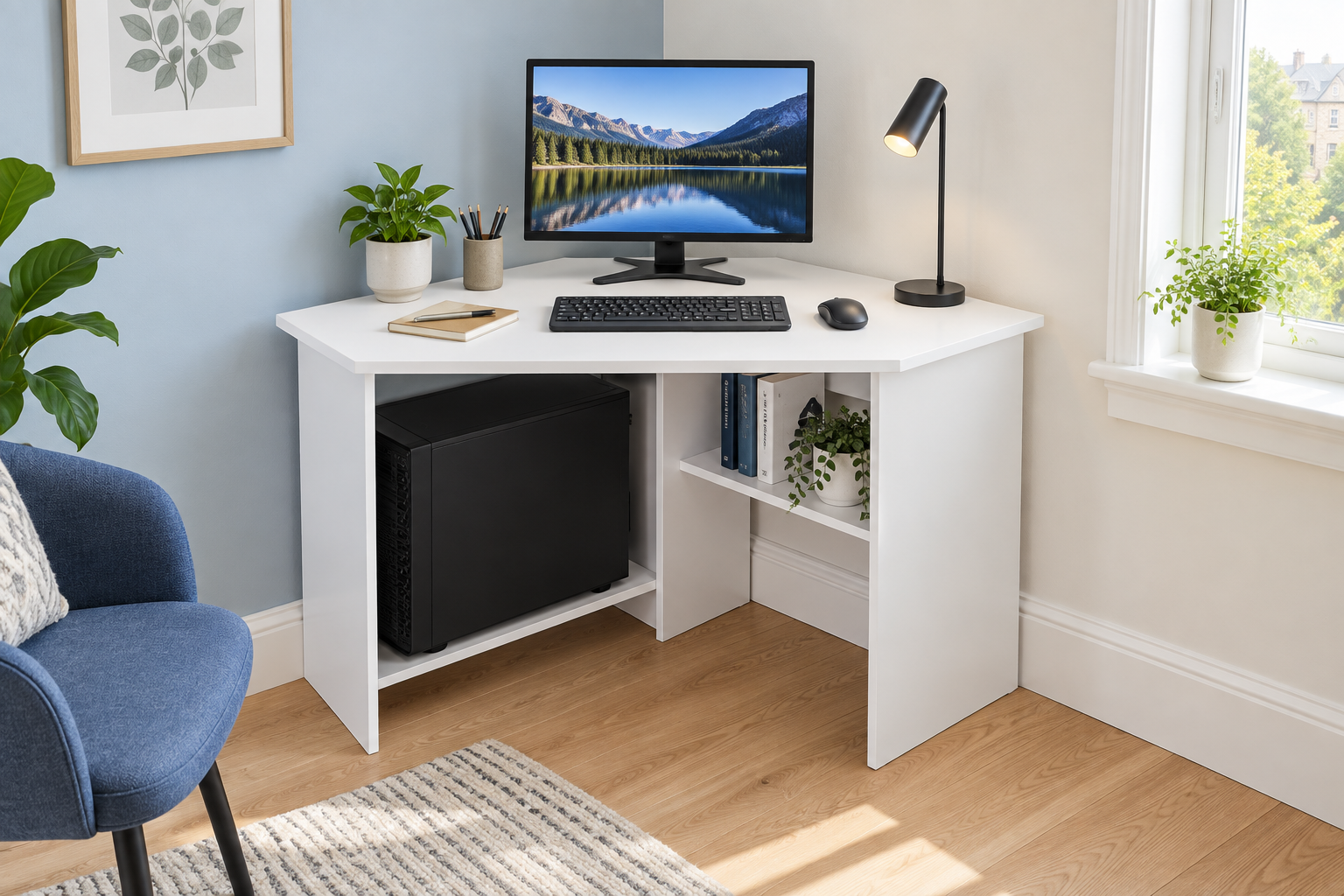 Room Study styling image of the Panana Corner Computer Desk, White, 90 x 90 cm in a bright home workspace; other furnishings and accessories shown for styling.