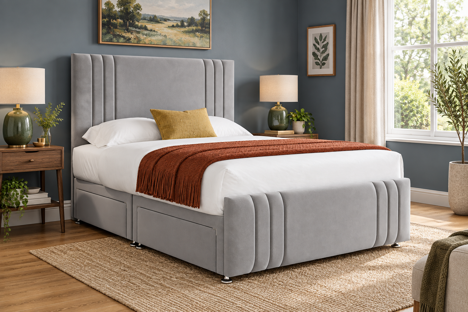 Room Study styling image of the The Bed Village Yorkshire Ripon Divan and Mattress, Silver Grey, Double in a naturally lit home interior; other furnishings and accessories shown for styling.