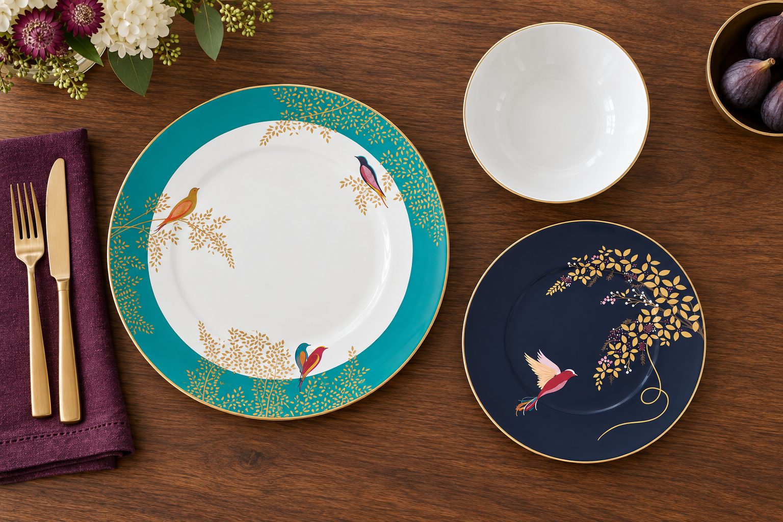 Overhead Room Study styling image of selected Sara Miller Chelsea porcelain pieces on a walnut table, showing the turquoise and navy plates flat with their bird and gold-leaf designs clearly visible; accessories are styling props.