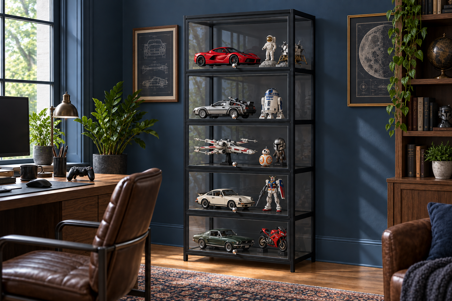 Room Study styling image of the Scribora black five-tier enclosed acrylic display cabinet with model cars and collectible figures in a dark blue home study; collectibles and other furnishings are styling props.
