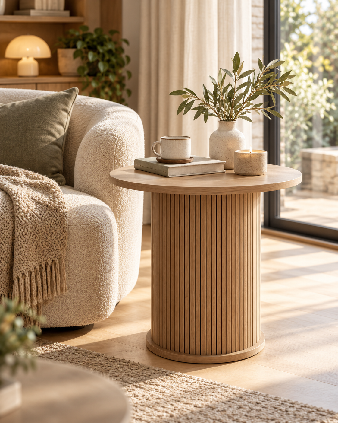 Room Study styling: a round slatted side table beside a cream armchair.