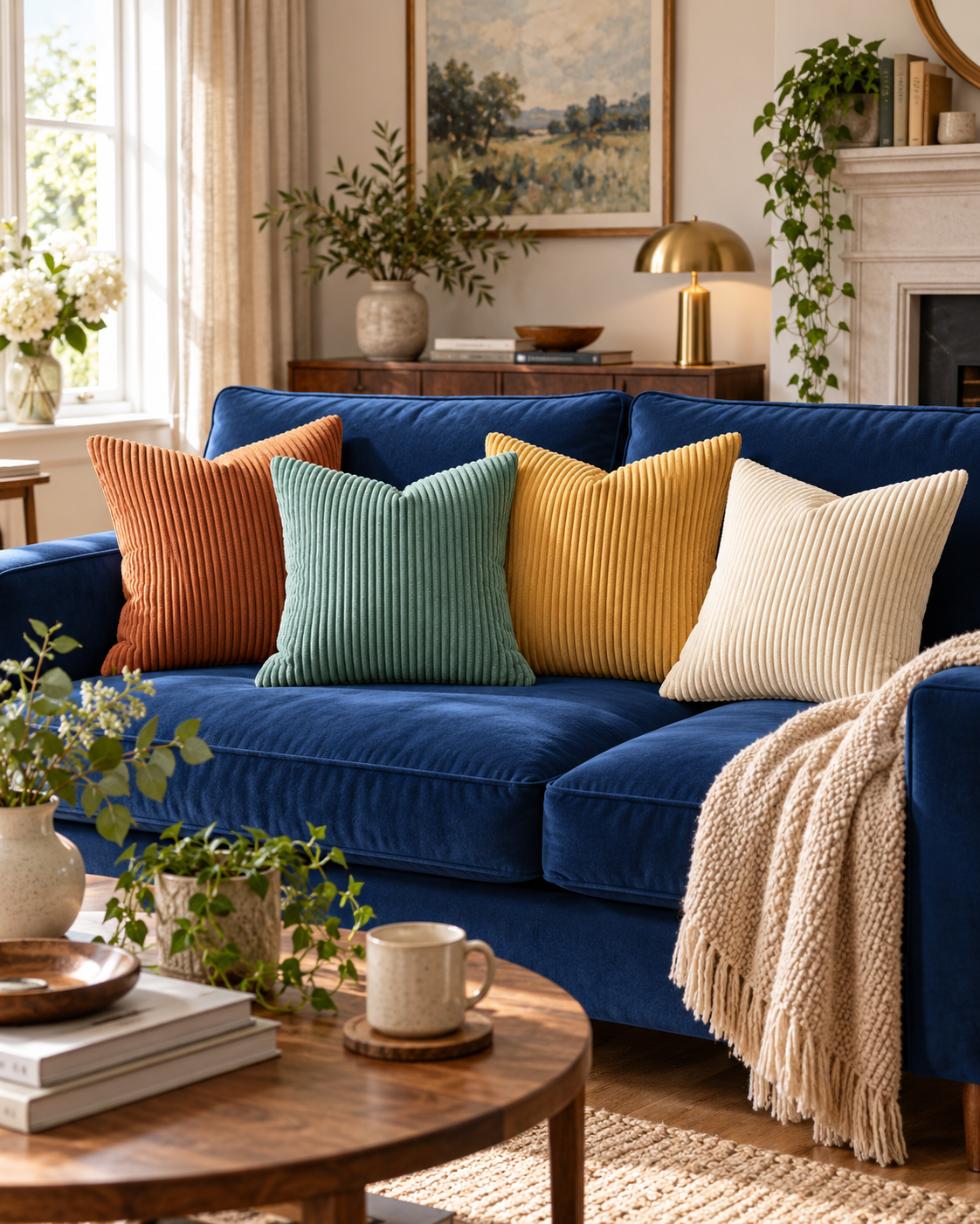 Room Study styling: rust, green, mustard and cream corduroy cushions against blue upholstery.