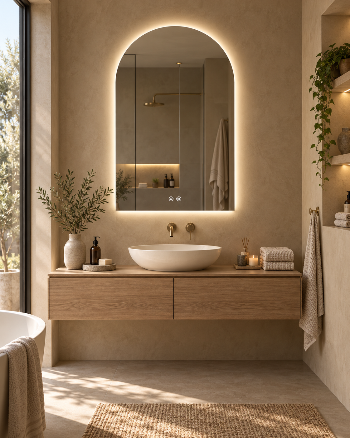 Room Study styling: a backlit arched mirror above a basin and timber vanity.