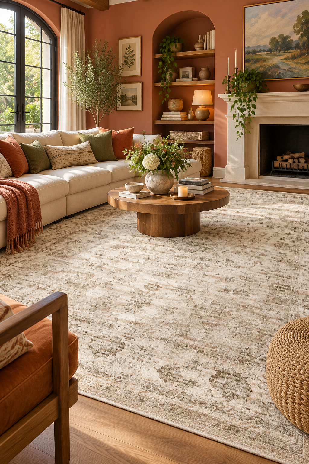 Room Study styling: a pale patterned rug connecting seating beneath terracotta walls.