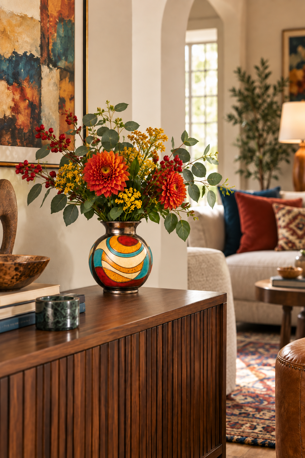 Room Study styling: a small colourful vase with orange flowers on a console.