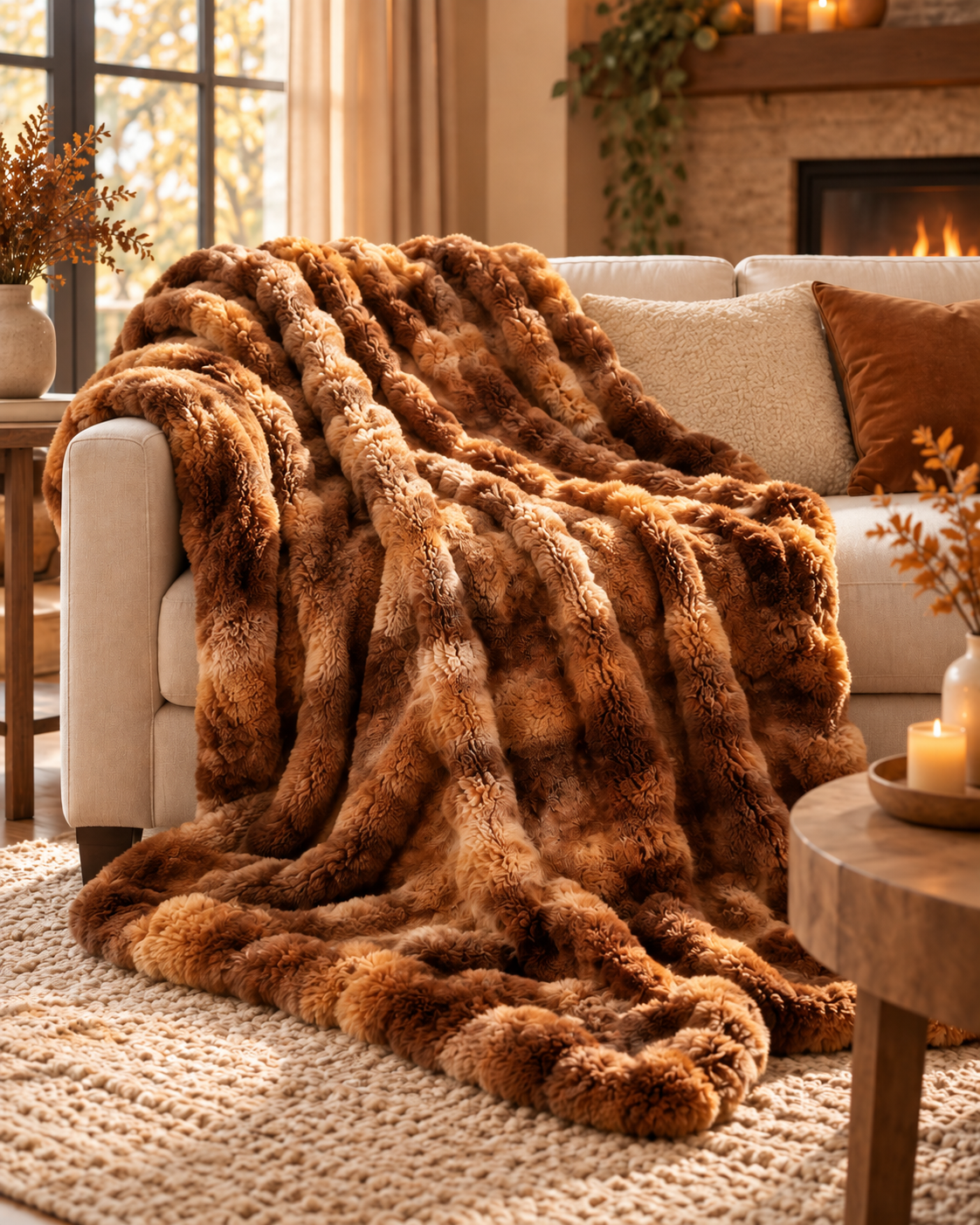 Room Study styling: a caramel-brown faux-fur throw across cream upholstery.