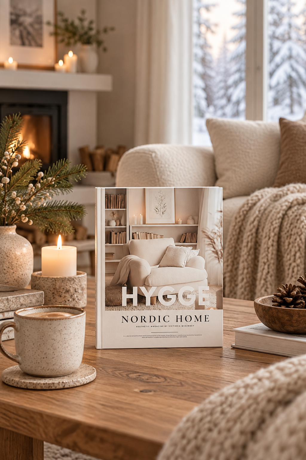 Room Study styling: a Hygge Nordic Home book beside a mug on a coffee table.
