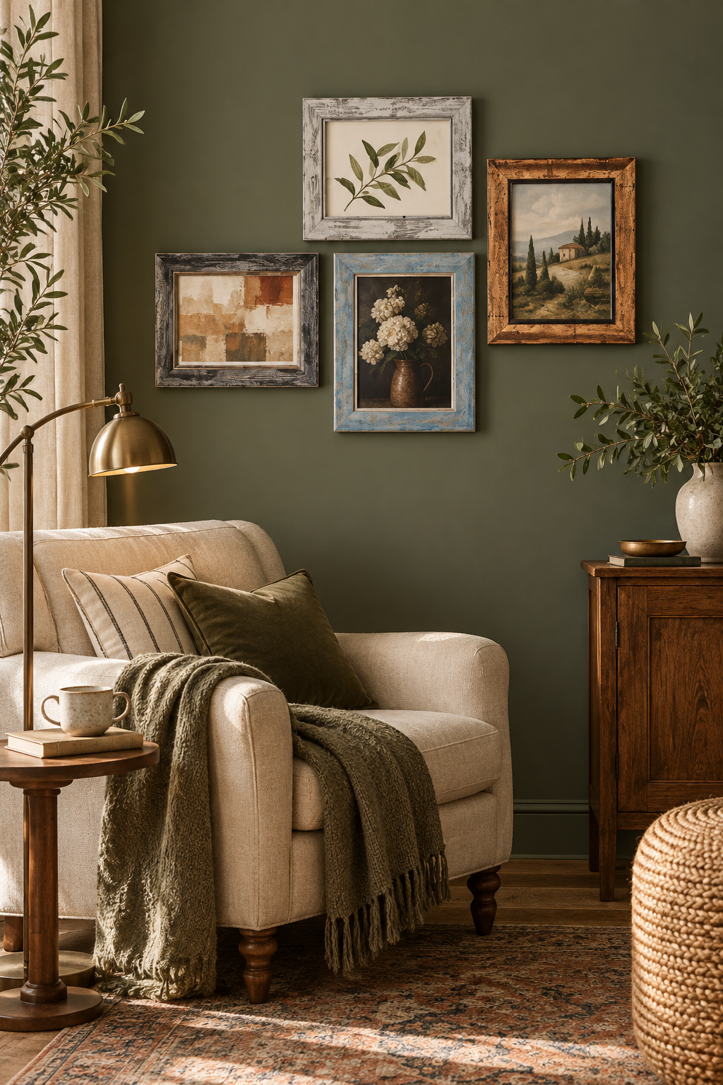 Room Study styling: four weathered picture frames grouped above a reading chair.