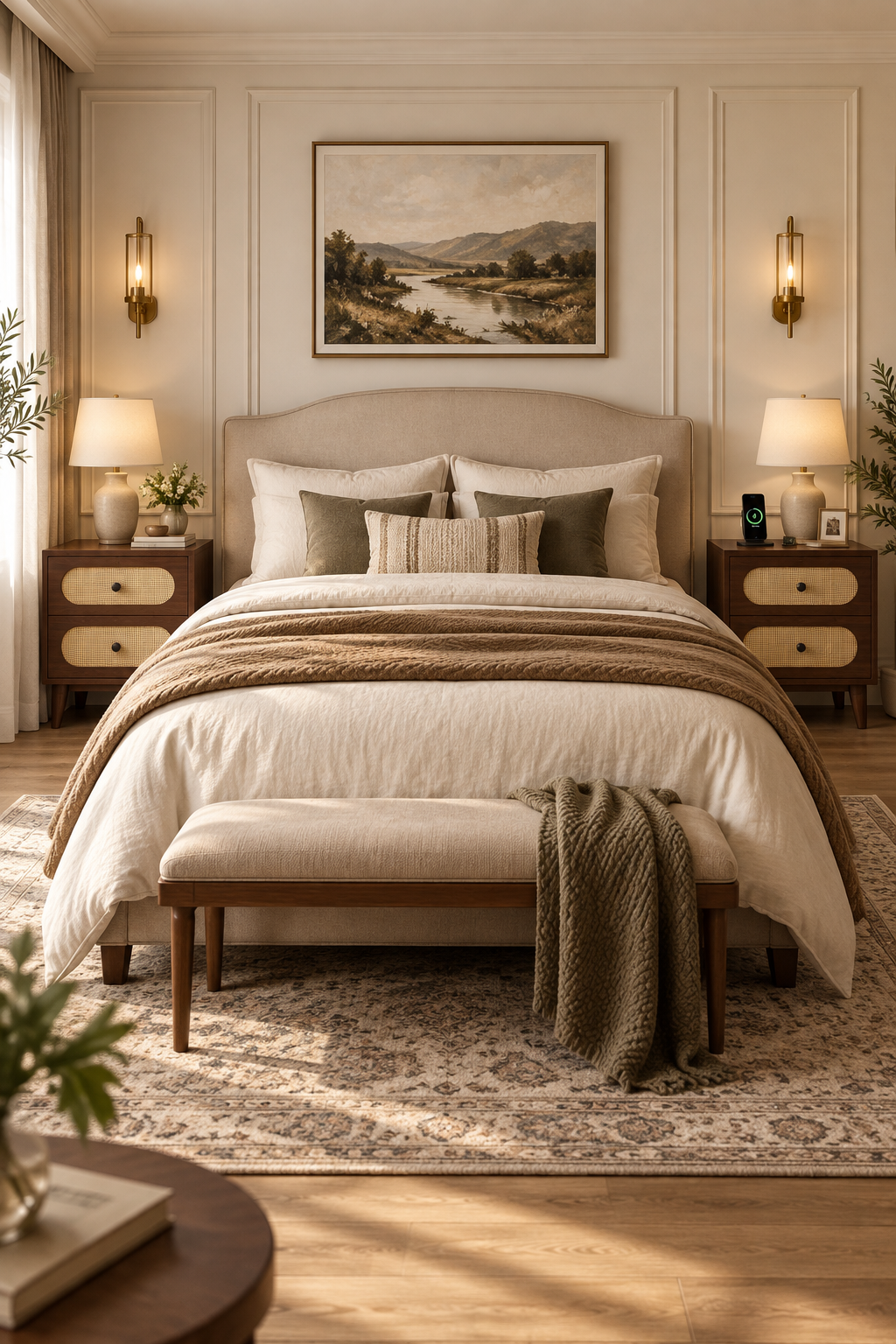 Room Study styling: two walnut-toned rattan-front cabinets beside an upholstered bed.