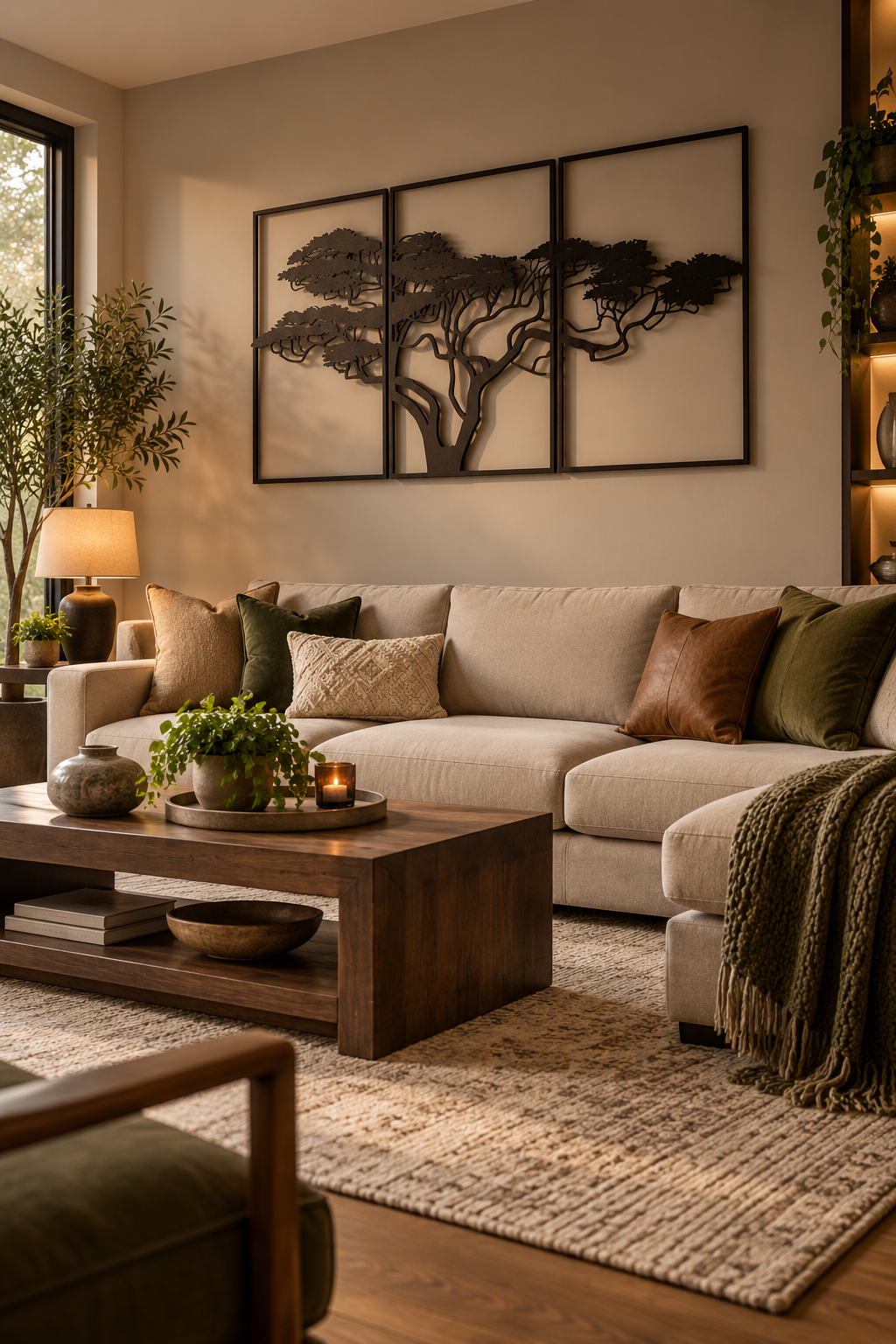 Room Study styling: a three-panel tree relief above a pale sofa.