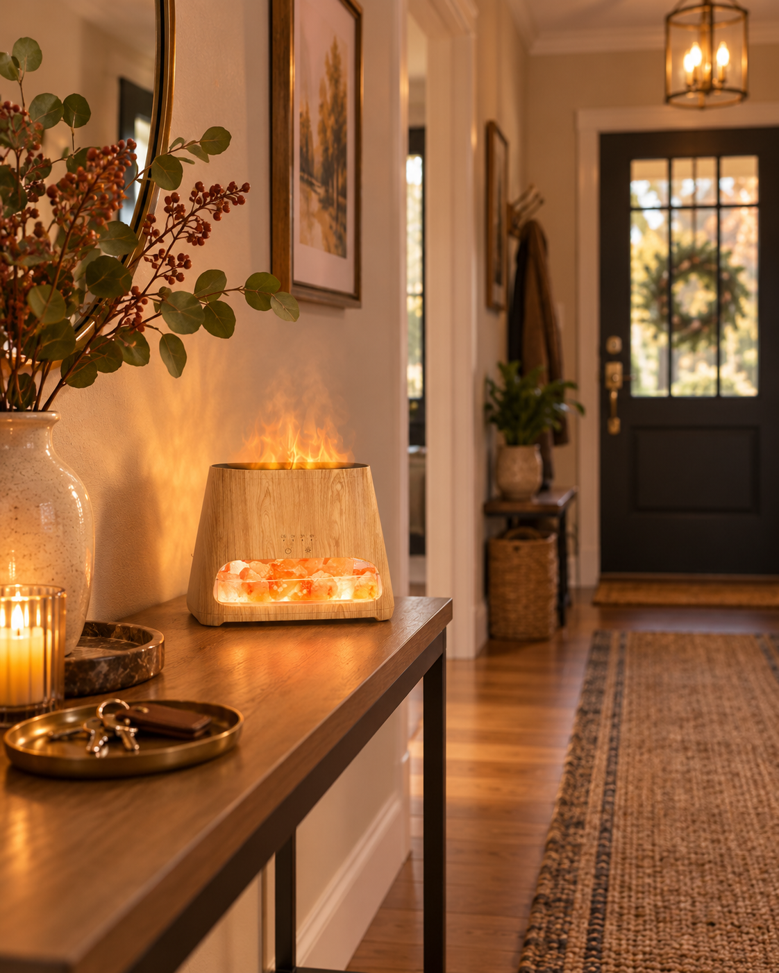 Room Study styling: a wood-grain diffuser with glowing salt crystals and orange illuminated mist.