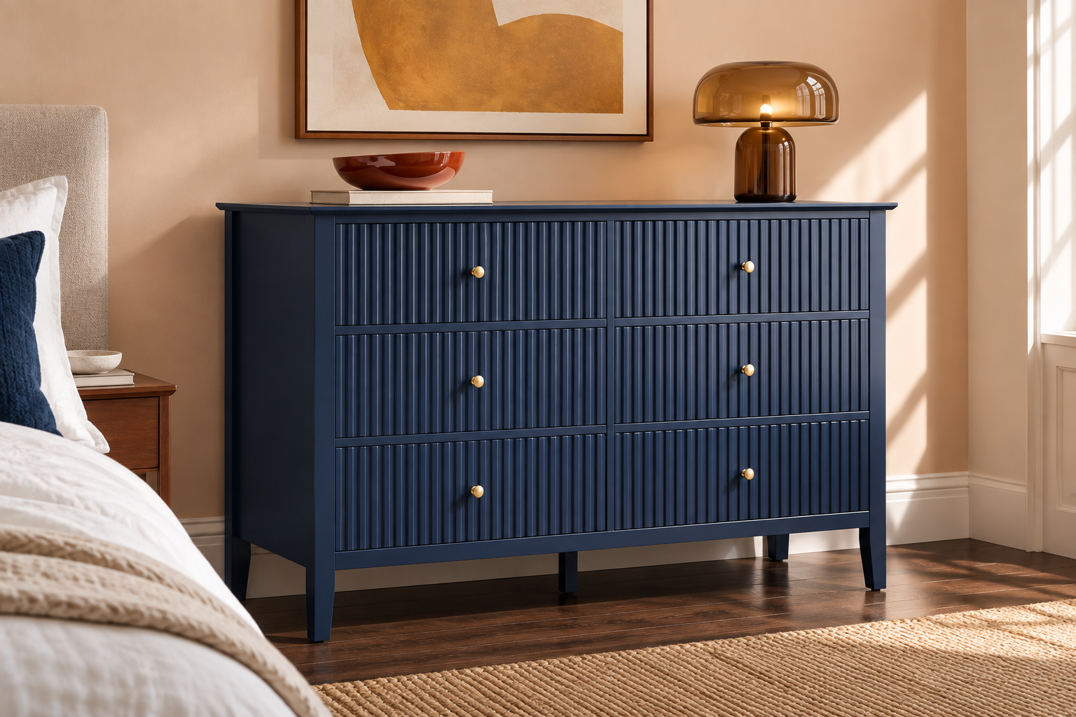 Room Study styling image of the SUNVIVI Six-Drawer Fluted Chest, Blue in a naturally lit home interior; other furnishings and accessories shown for styling.