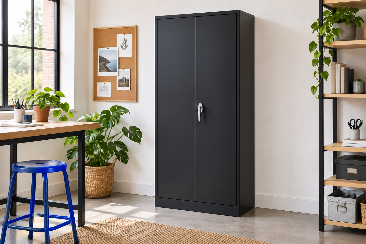 Room Study styling image of the SUPEER Two-Door Metal Storage Cabinet, Black in a bright home workspace; other furnishings and accessories shown for styling.