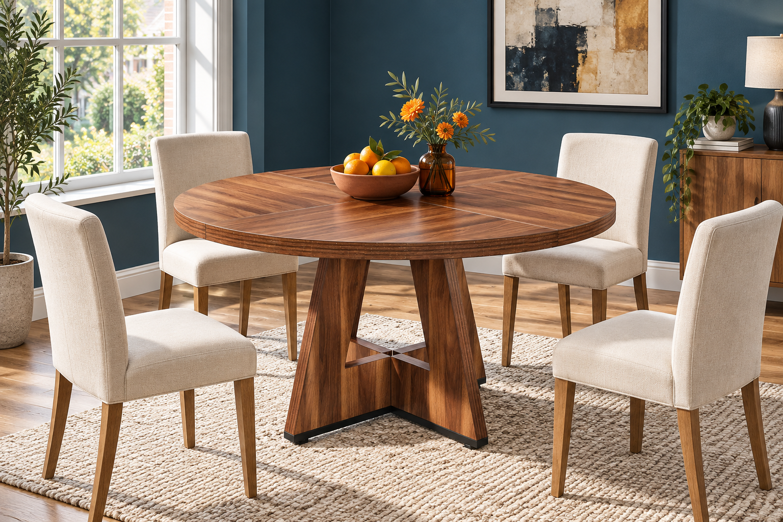 Room Study styling image of the Tribesigns Brown 120cm Round Dining Table in a naturally lit home interior; other furnishings and accessories shown for styling.