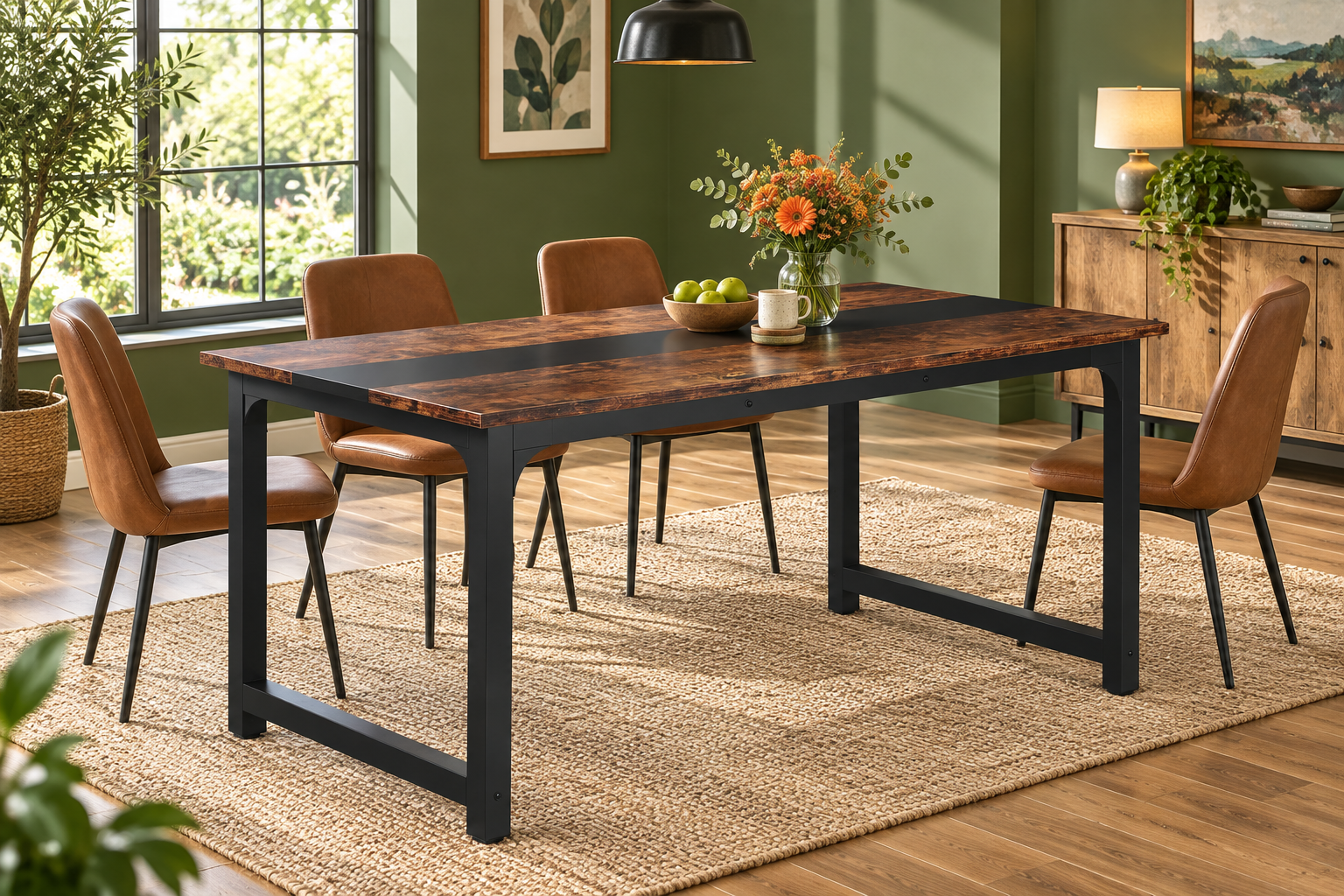 Room Study styling image of the Tribesigns Brown and Black 160cm Industrial Dining Table in a naturally lit home interior; other furnishings and accessories shown for styling.