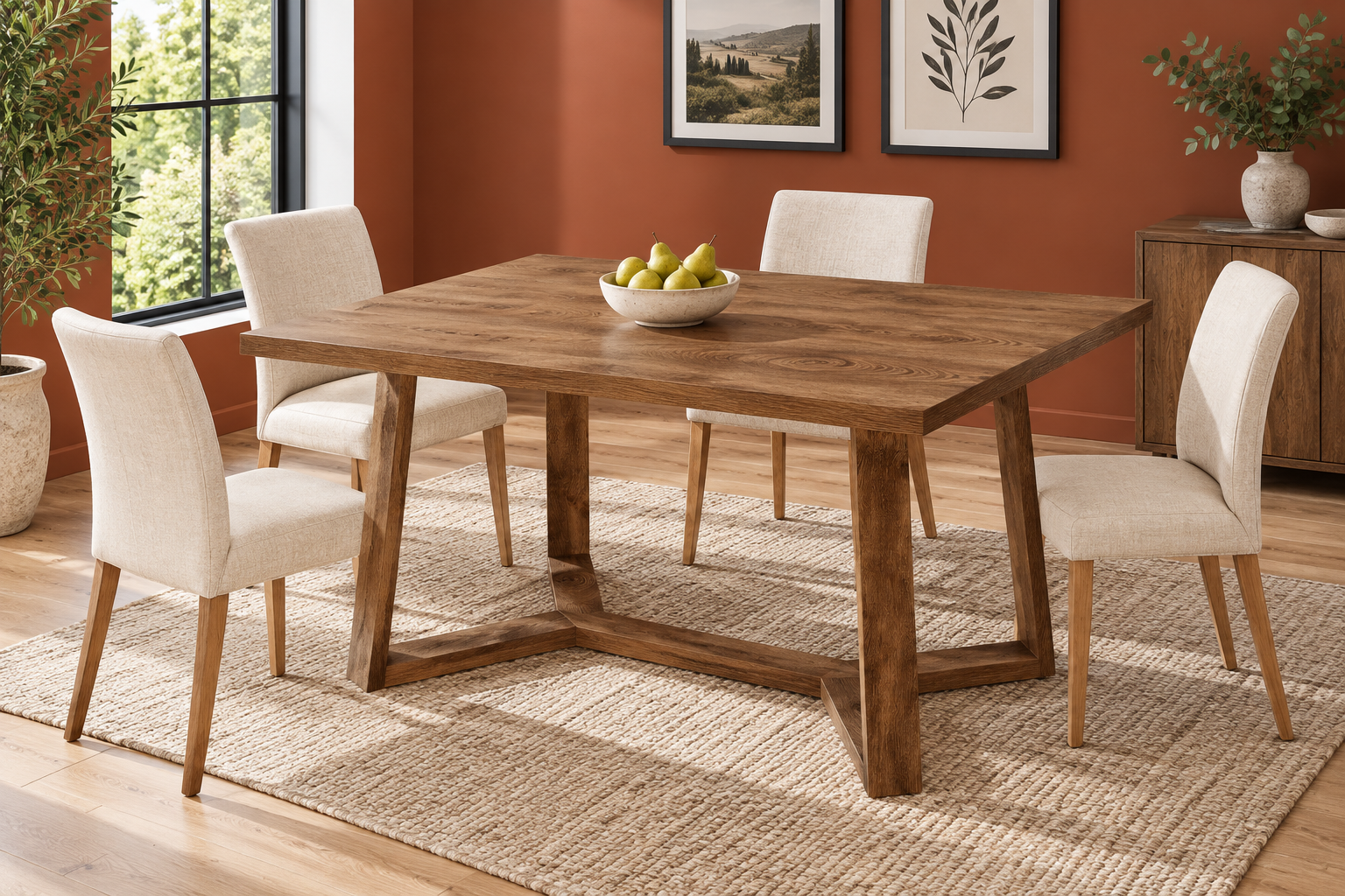 Room Study styling image of the Tribesigns 120cm Rustic Brown Dining Table in a naturally lit home interior; other furnishings and accessories shown for styling.