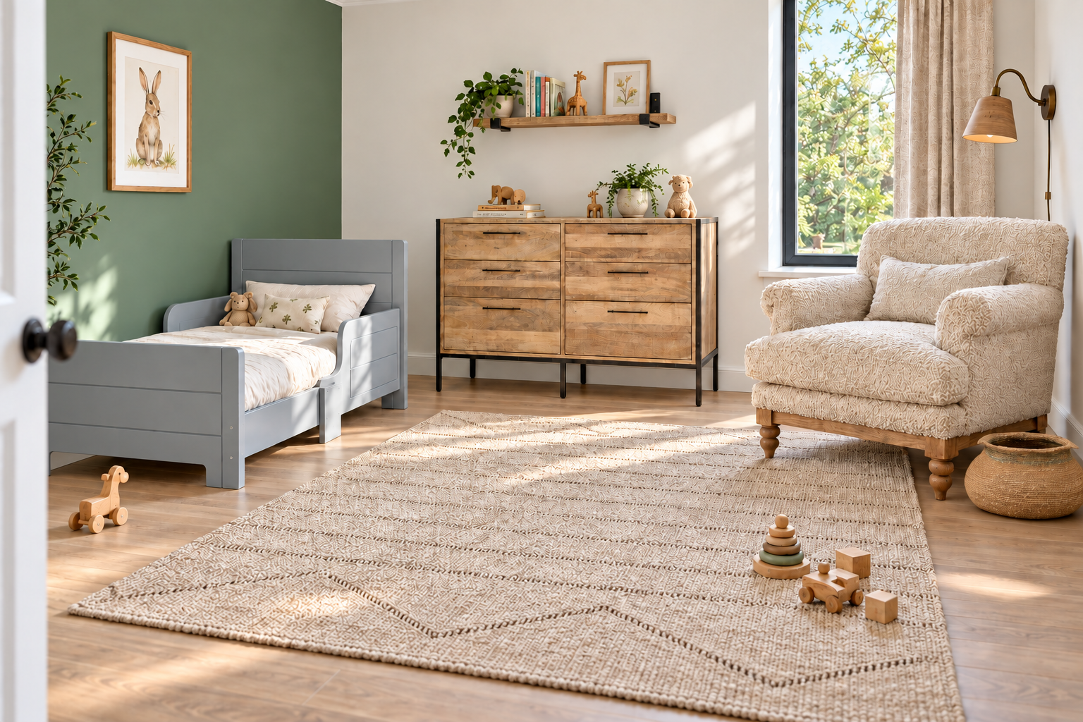 Room Study styling: a grey toddler bed in a calm sage nursery with natural timber furniture.