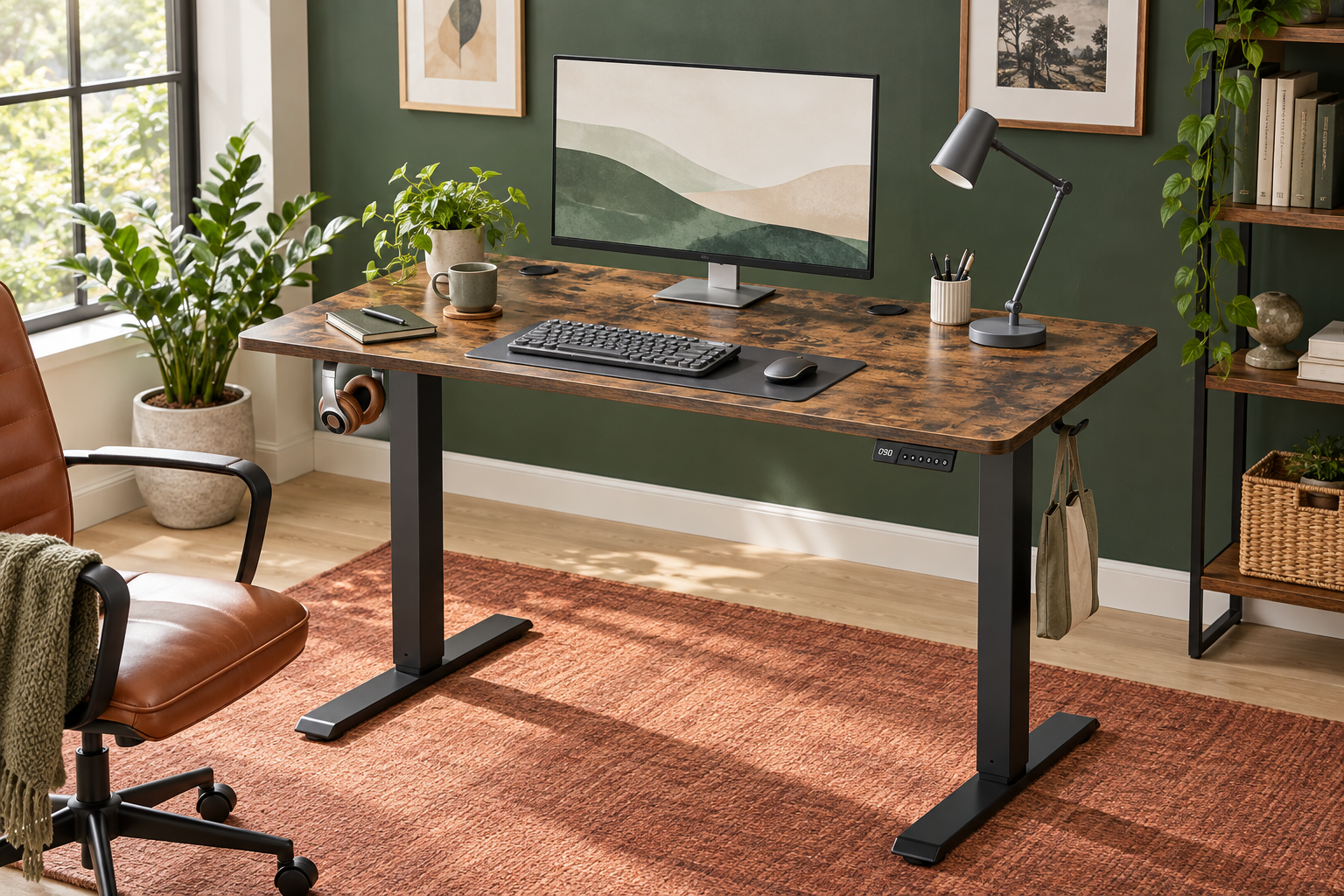 Room Study styling image of the VASAGLE Electric Standing Desk, Rustic Brown, 120 x 60 cm in a bright home workspace; chair and accessories shown for styling.