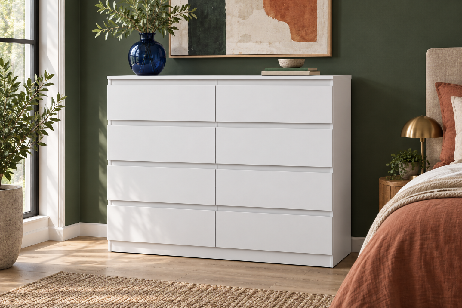 Room Study styling image of the Vida Designs Denver Eight-Drawer Chest, White in a naturally lit home interior; other furnishings and accessories shown for styling.