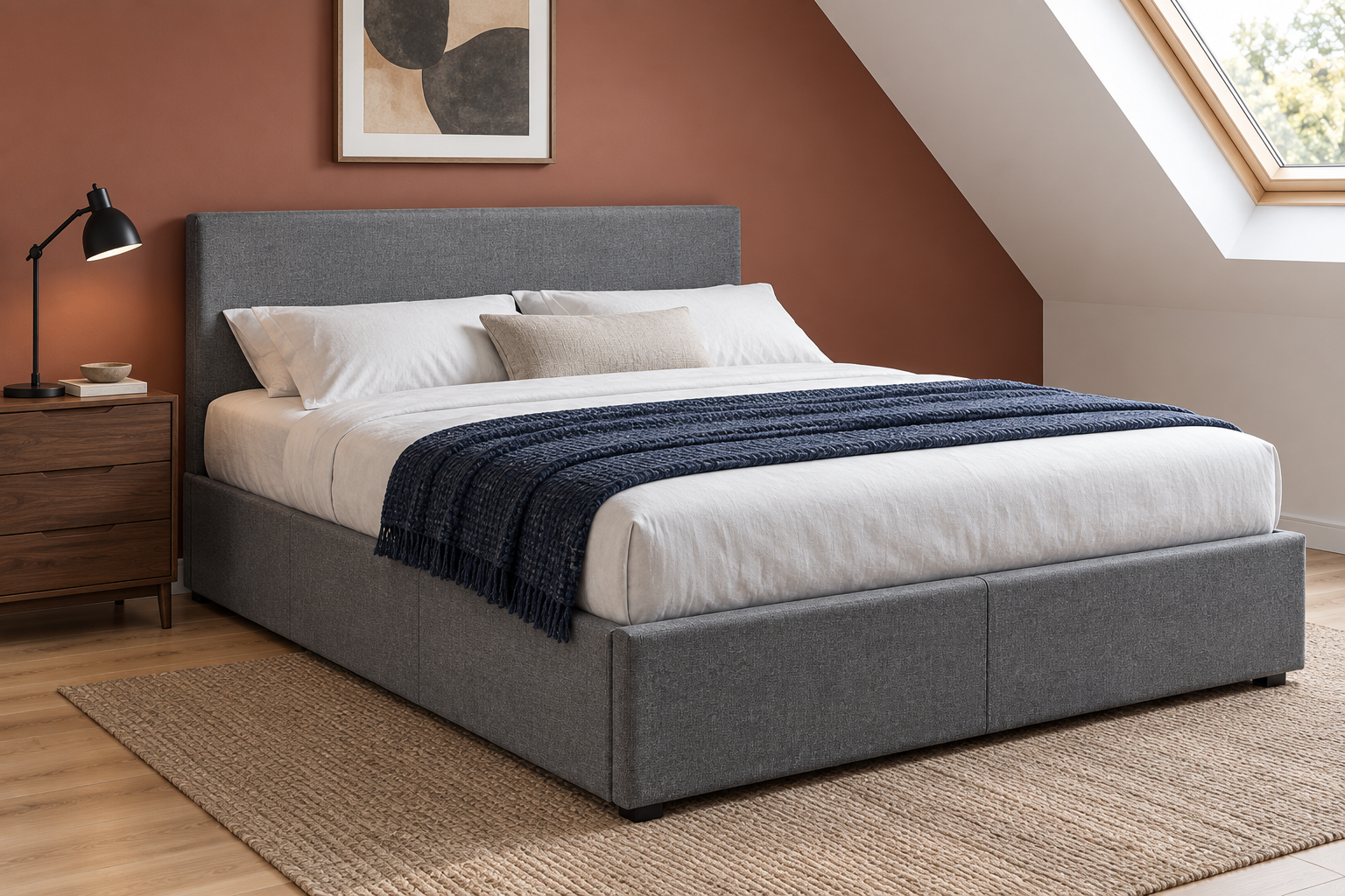 Room Study styling image of the Vida Designs Veronica Ottoman Bed Frame, Dark Grey Linen, King in a naturally lit home interior; other furnishings and accessories shown for styling.