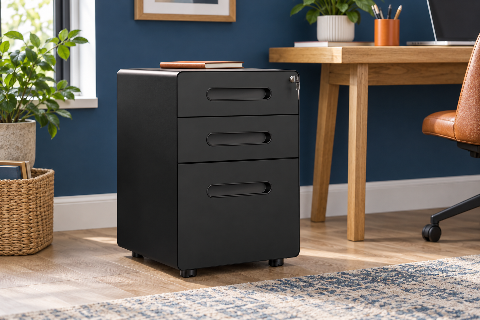 Room Study styling image of the Vinsetto Black Three-Drawer Lockable Filing Cabinet in a naturally lit home interior; other furnishings and accessories shown for styling.