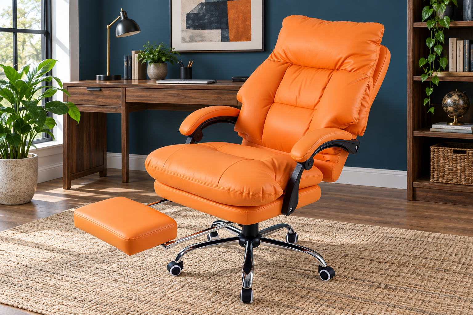Room Study styling image of the Warmiehomy Executive Office Chair with Footrest, Orange PU in a bright home workspace; other furnishings and accessories shown for styling.