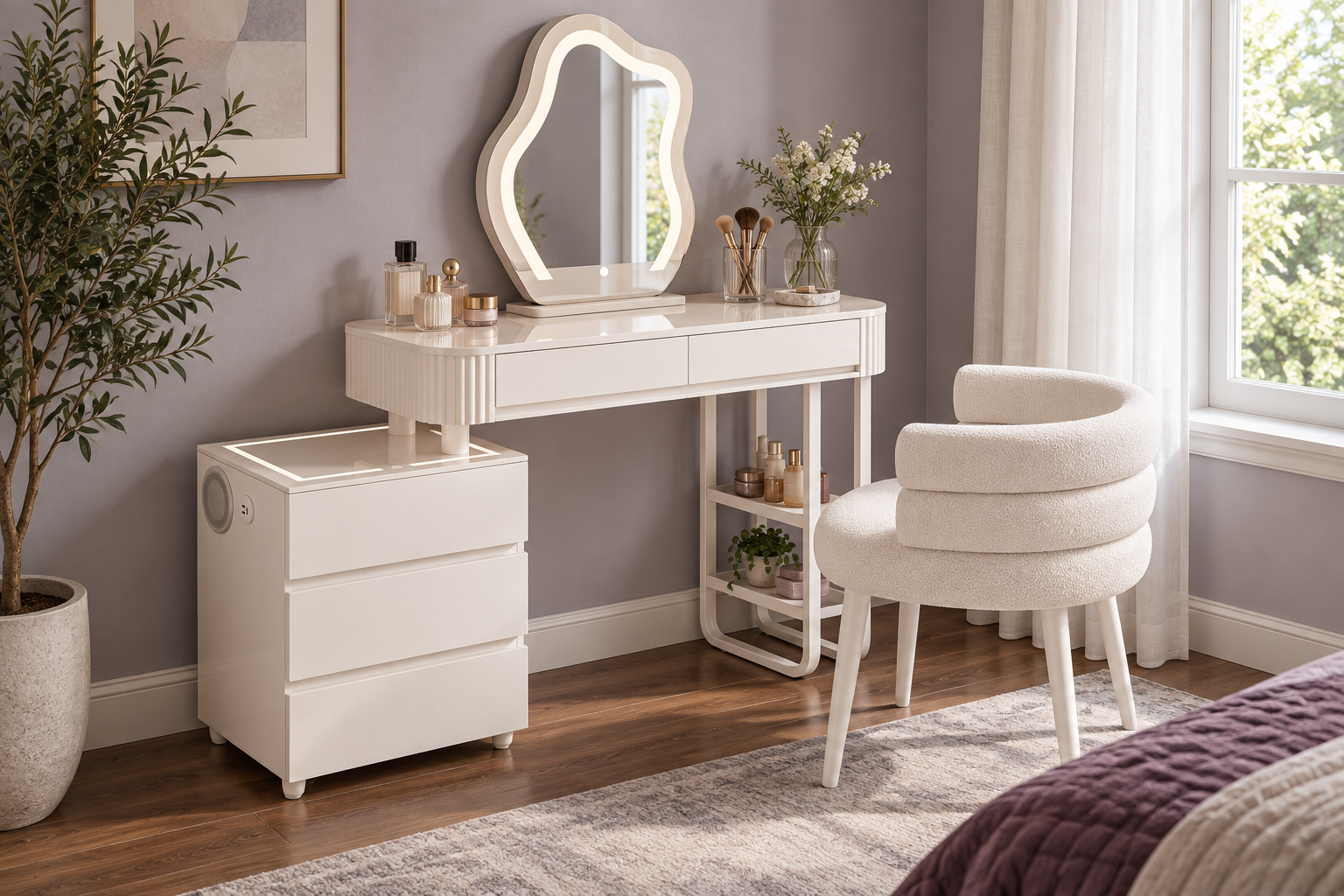 Room Study styling image of the MYDD8 Dressing Table Set with LED Mirror and Charging in a naturally lit home interior; other furnishings and accessories shown for styling.