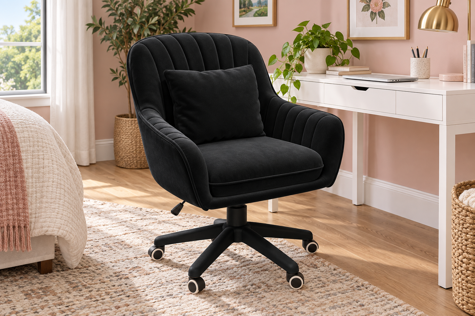 Room Study styling image of the XUEGW Velvet Swivel Office Chair, Black in a bright home workspace; other furnishings and accessories shown for styling.