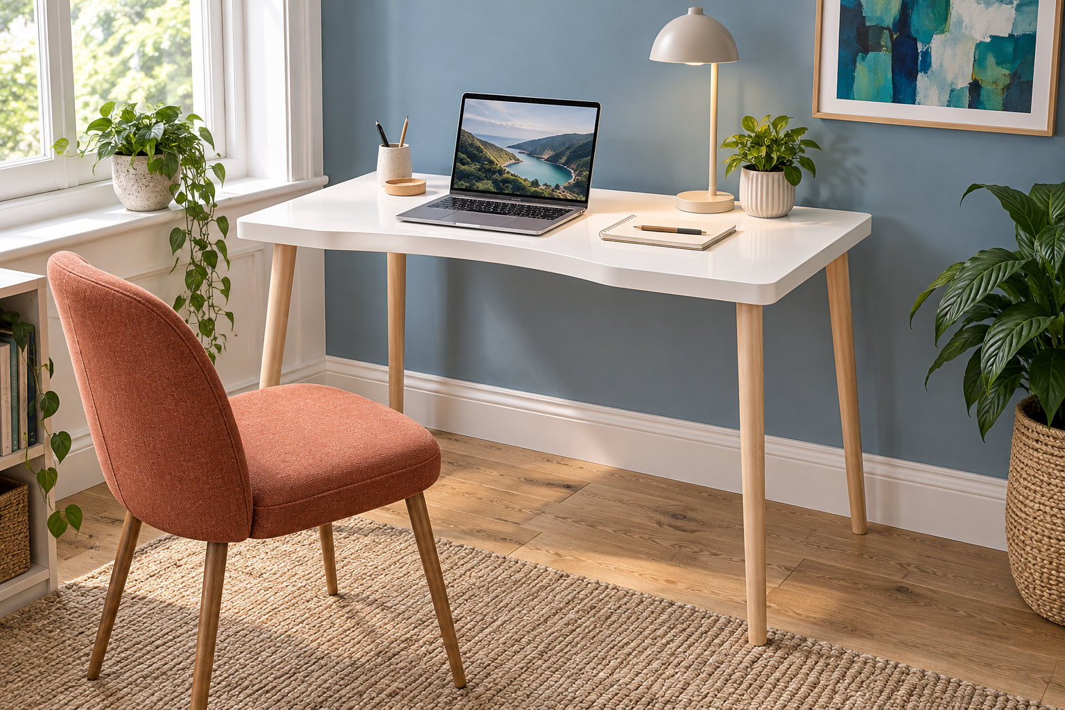 Room Study styling image of the XUEGW Curved-Edge Writing Desk, White, 100 x 50 cm in a bright home workspace; chair and accessories shown for styling.