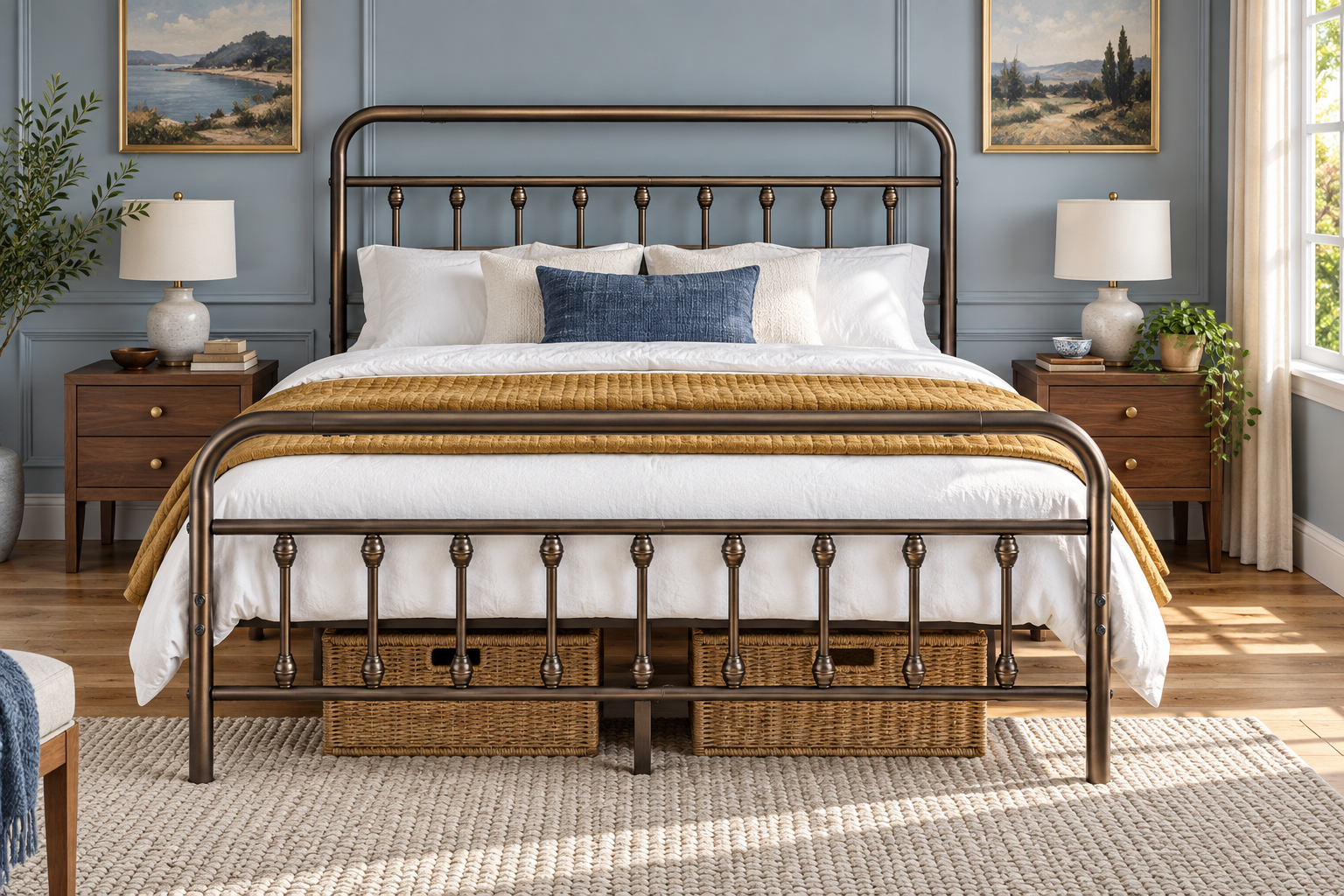 Room Study styling image of the Yaheetech Vintage Metal Bed Frame, Bronze, King in a naturally lit home interior; other furnishings and accessories shown for styling.