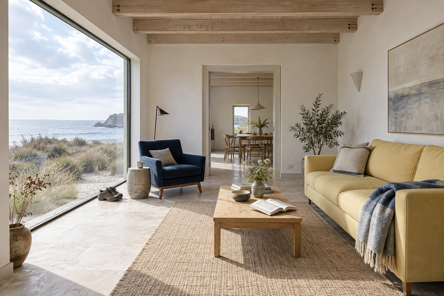 Editorial study: coastal light and a home worth staying in. The county medians do not identify waterfront homes or price this illustration.