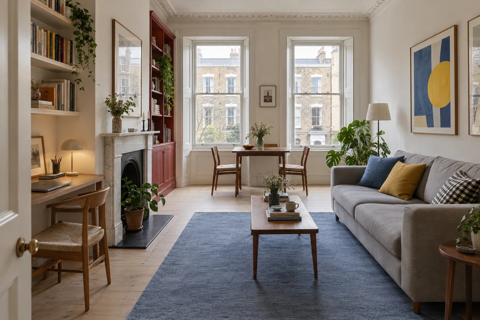 Editorial study: a compact flat in which work, meals and the evening share one room. An illustration of domestic use, not a property listing.
