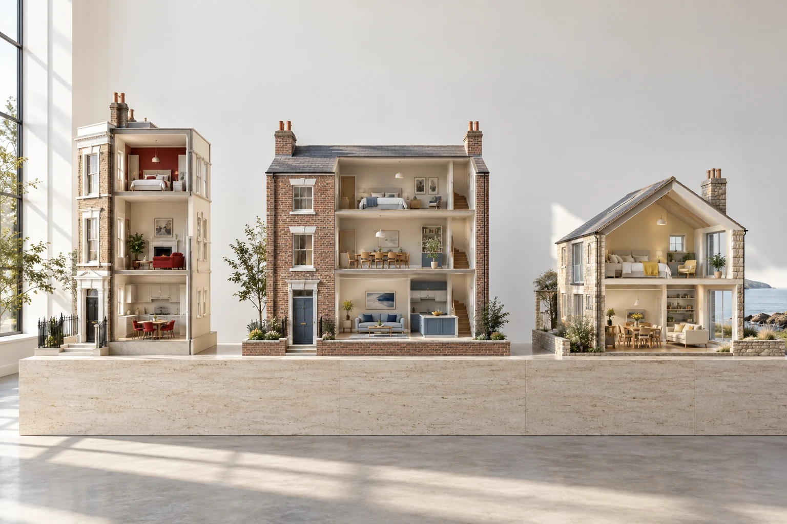Three conceptual cutaway architectural models, each suggesting a different form of domestic life