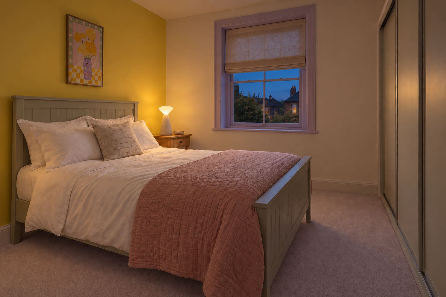 Citron bedroom at dusk with a compact bedside lamp casting warm light beside the bed.