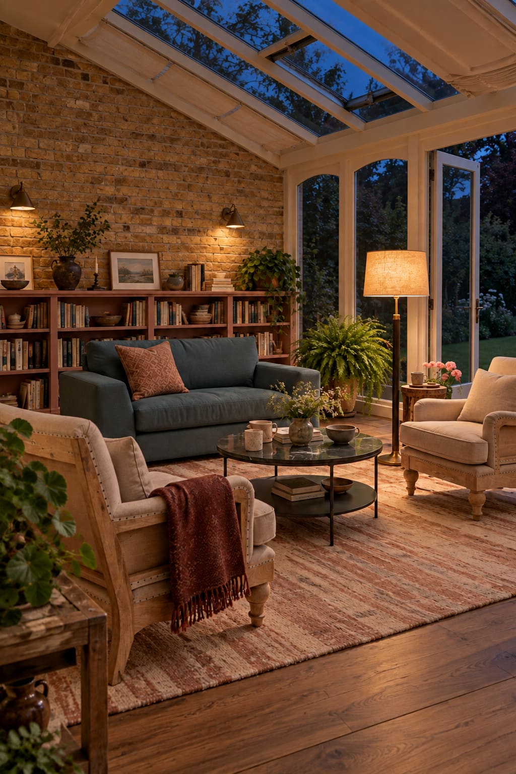 Garden reading room at dusk with a glowing floor lamp beside a linen chair and warm wall lights above rose bookshelves.